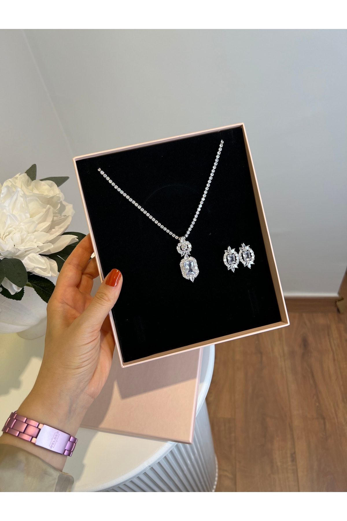 VİYA-Lenora Zircon Stone Necklace Earrings Wedding Set 4