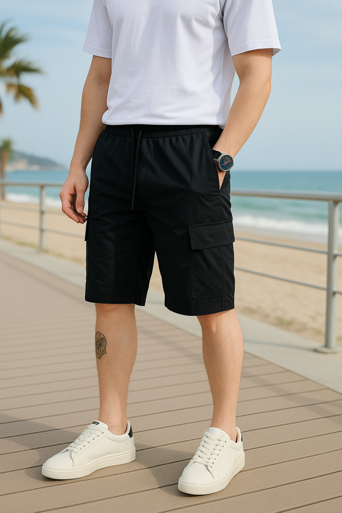 Pobudo  Siyah Renk Kargo Cepli Paraşüt Kumaş Erkek Şort - Görsel 4