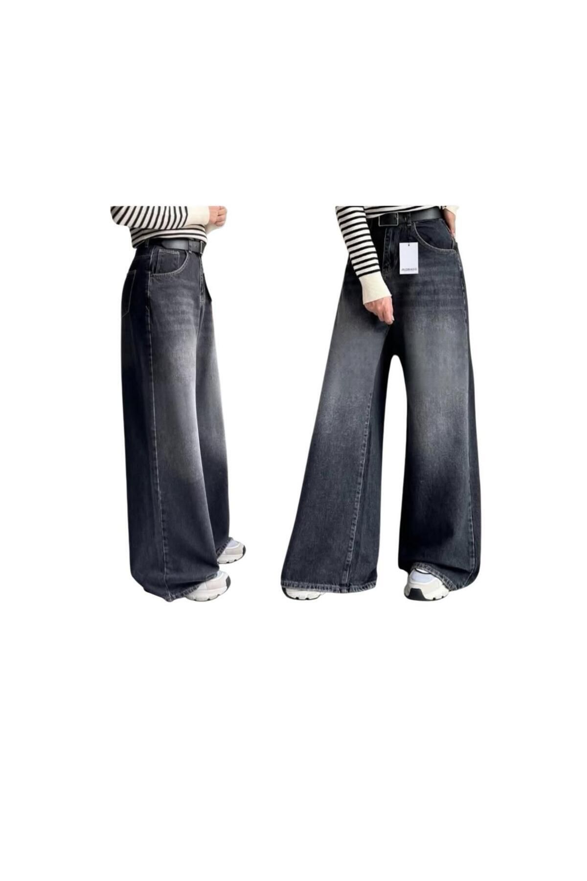KOTOLOG Füme Yıkamalı Vintage Bol Paça Baggy Retro Pantolon Jean KOTOLOG