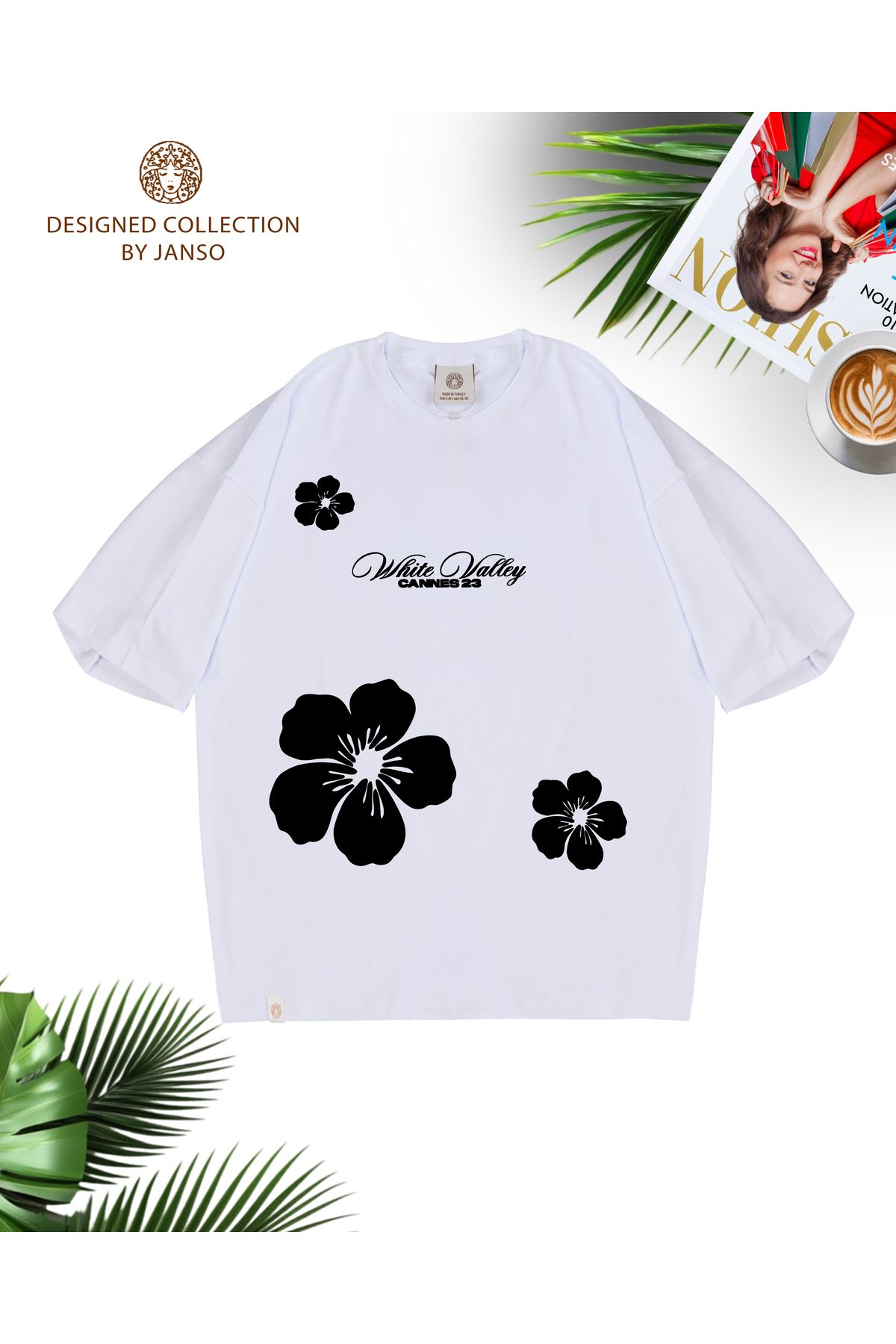 JANSO GROUP - KADIN ÇİÇEK BASKILI KISA KOLLU TSHIRT BÜYÜK BEDEN PAMUKLU