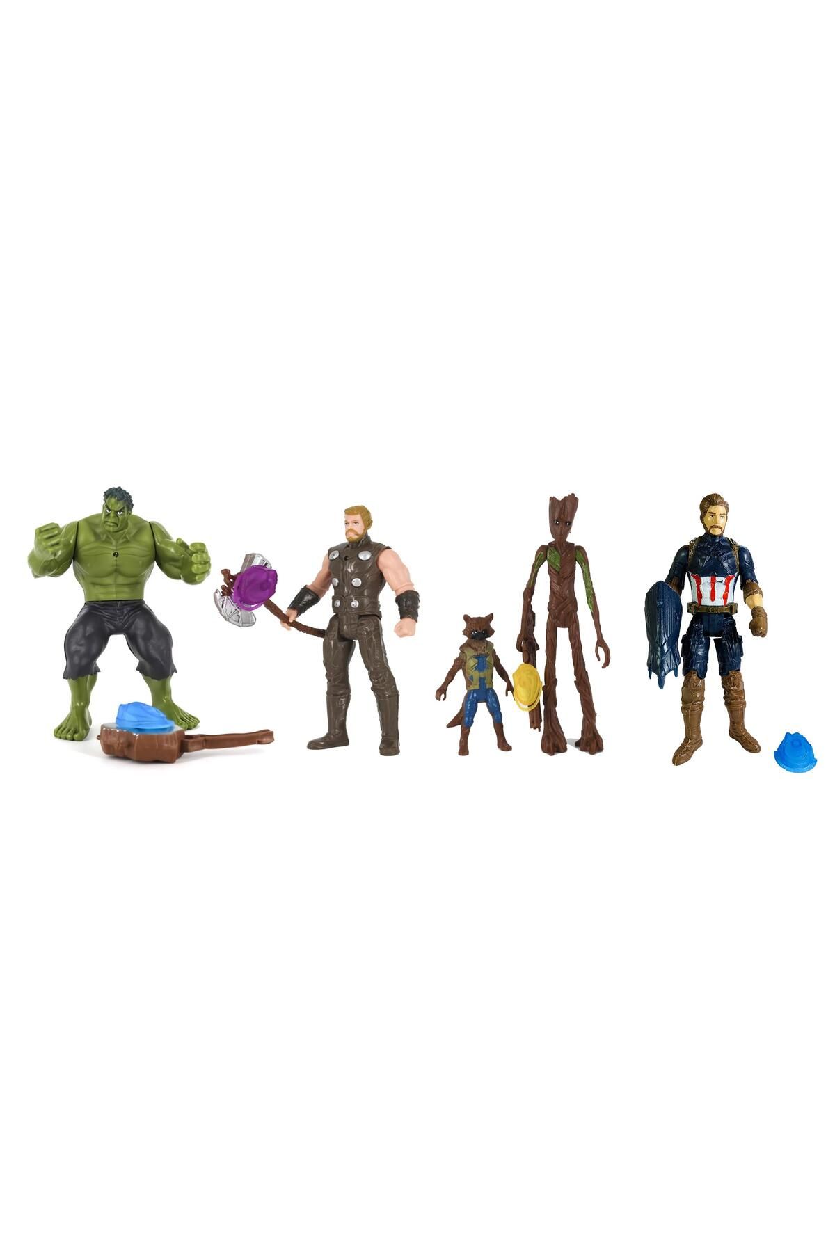 e-life shop Avenger Yenilmezler Eklemli Hulk Thor Captain America Grut & Roket Rakun 5li Karakter Oyuncak Seti