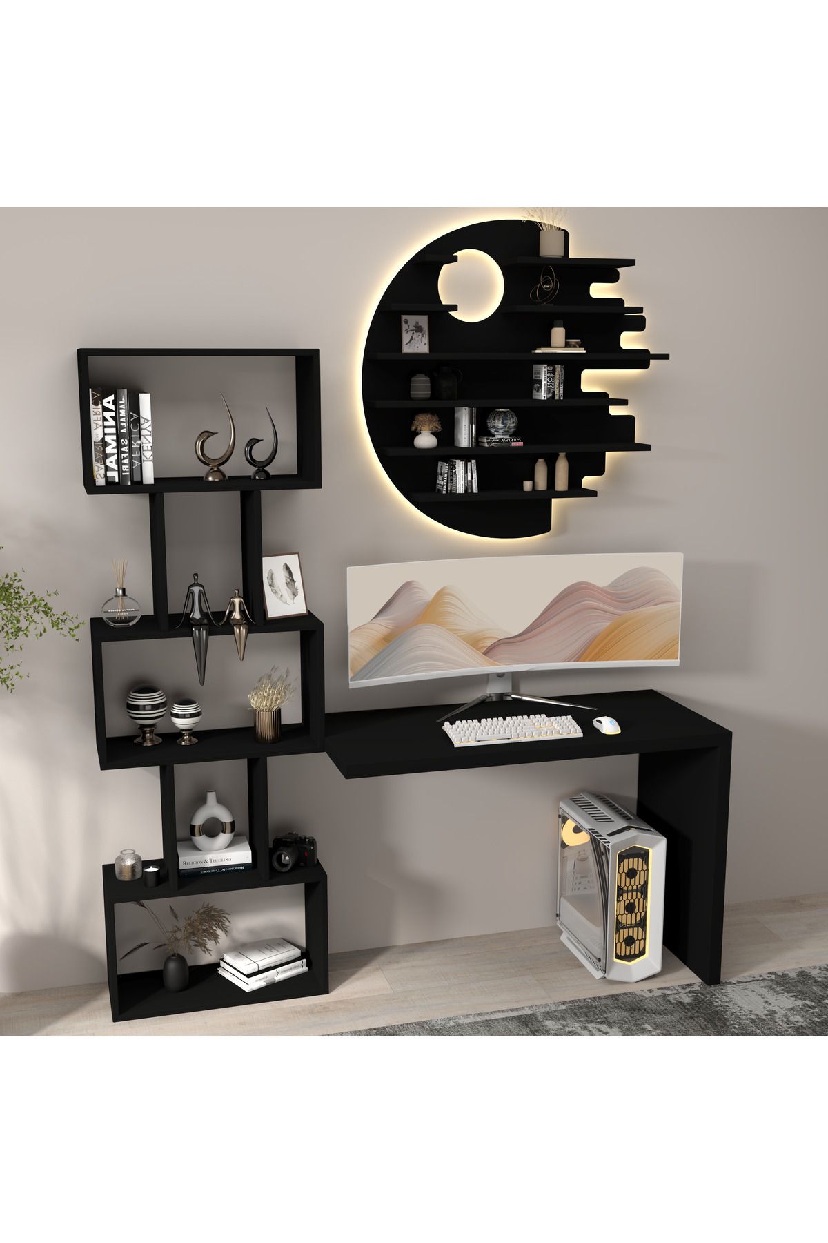 klubeconcept Modern LED Aydınlatmalı Çalışma Masası Seti Raf Kitaplık Masa Takımı