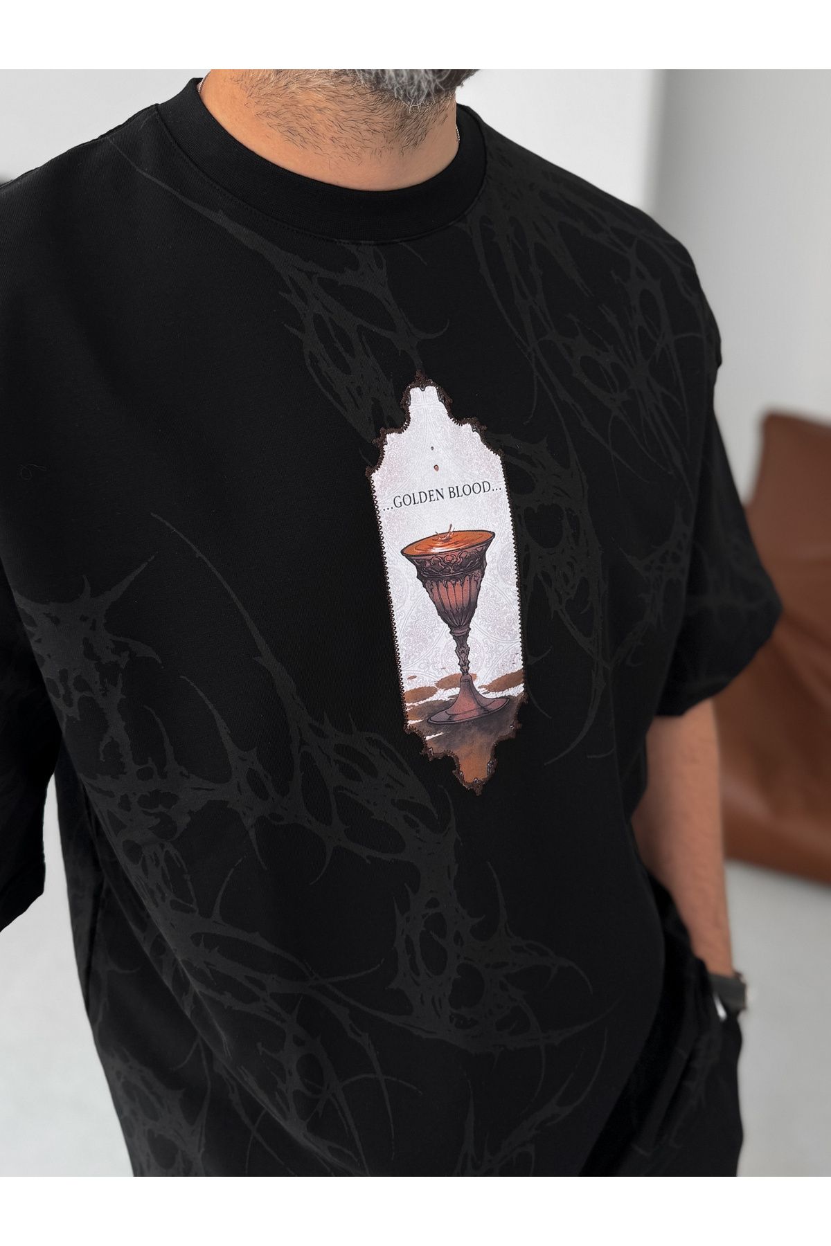 BYBASICMAN-Black Golden Blood Patchli Oversize T-Shirt Res-5204 4