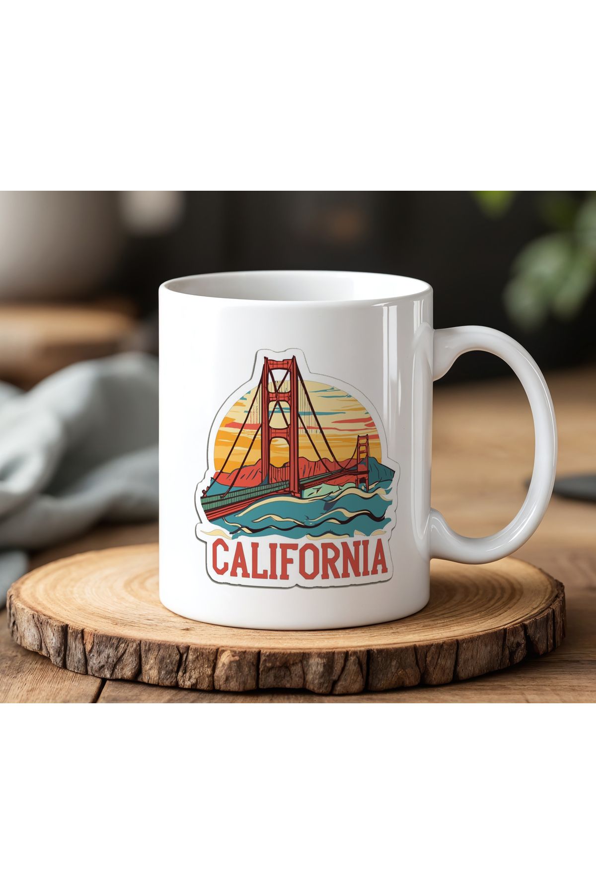 BB TRADE California Tasarımlı Beyaz Seramik Baskılı Kupa Bardak 330ml
