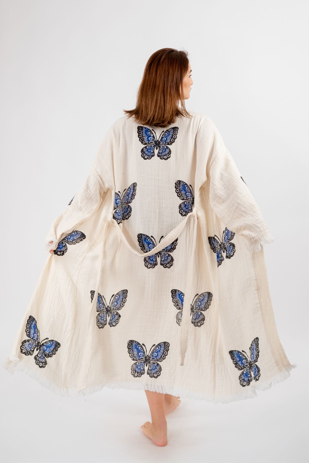 Befera Design Müslin Kimono %100 Pamuklu Kelebek Baskılı Desenli Bornoz Kaftan Sabahlık