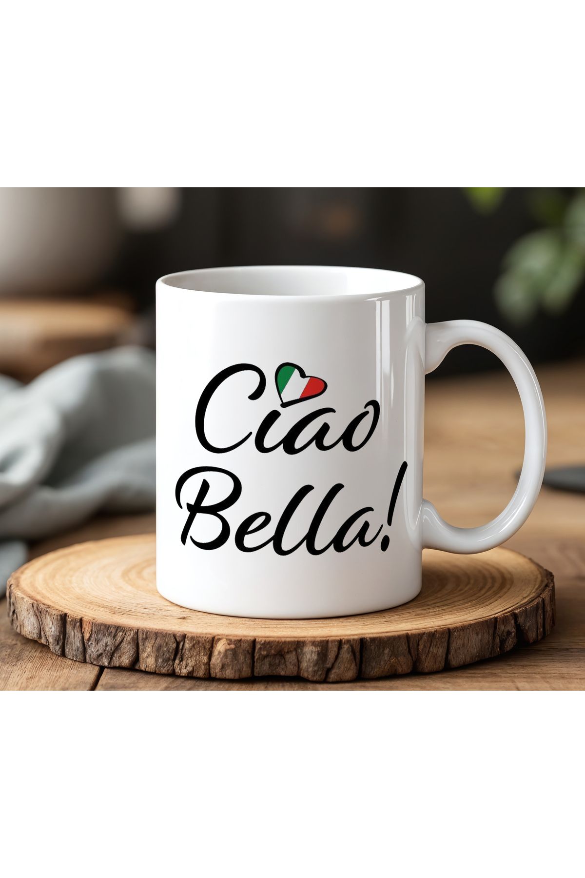BB TRADE Ciao Bella ! Tasarımlı Beyaz Seramik Baskılı Kupa Bardak 330ml