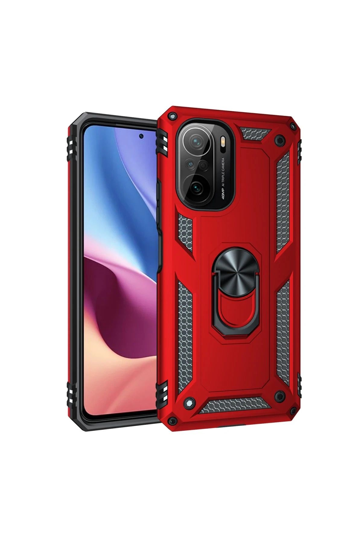NewFace Xiaomi Poco F3 Kılıf Sofya Yüzüklü Silikon Kapak - Kırmızı FERRG