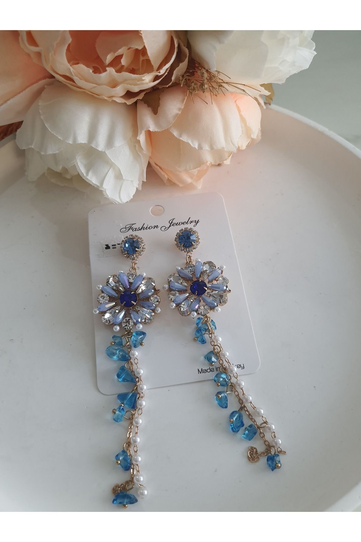 özlemmmoda Mavi Boncuk detaylı Sarkıntılı Küpe