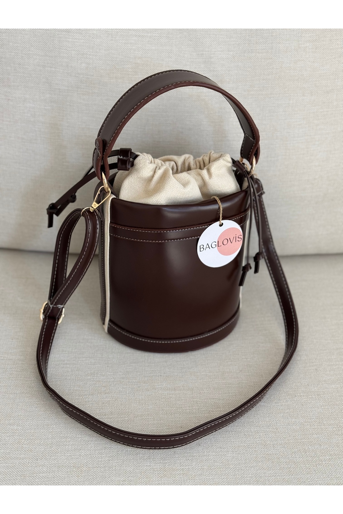 BAGLOVİS-Shirred Mouth Bucket Model Brown Color Women's Hand and Shoulder Bag En20 Uzn20 3