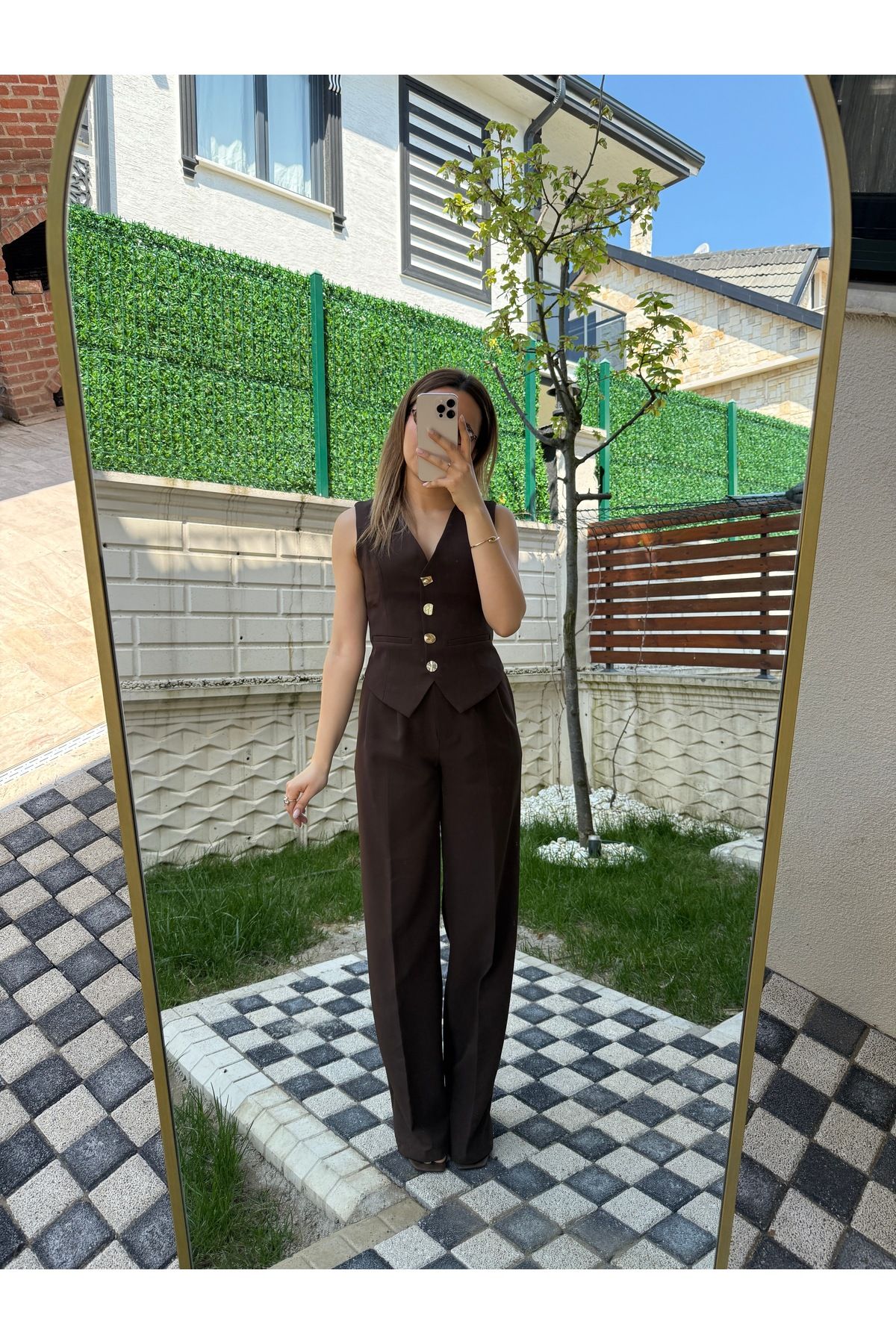 ESMA GÜL BUTİK Kahverengi Yelek Pantolon İkili Takım