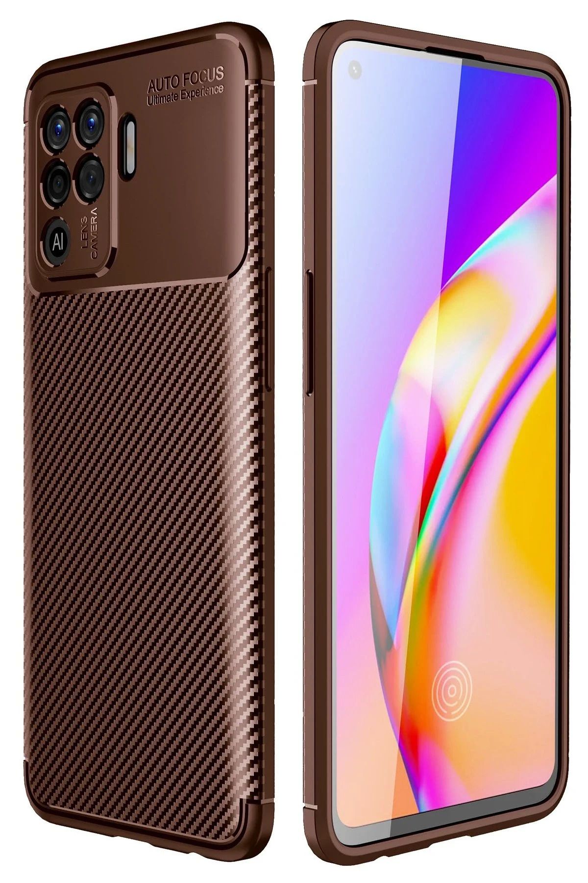 NewFace Reno 5 Lite Kılıf Auto Focus Karbon Kapak - Kahverengi JOJUA