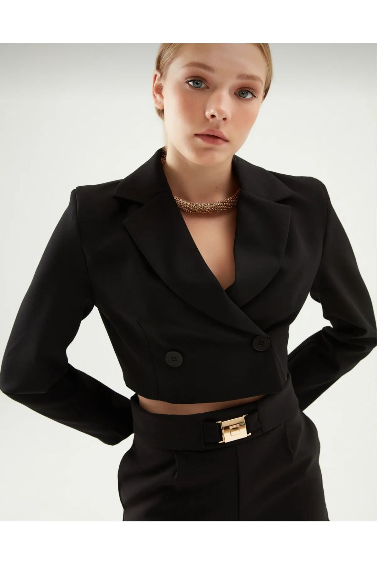 MODA Kruvaze Crop Blazer Ceket Siyah