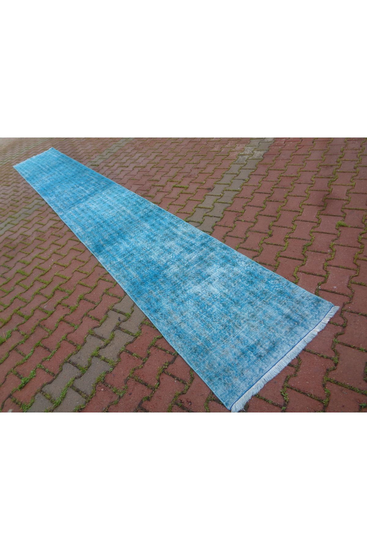 ŞAHMERDANOĞLU Şahmerdanoğlu 77x 533 Cm El Yapımı Şahane Vintage Turkuaz Yolluk Halı, Yazlık Villa Dekoru 2501