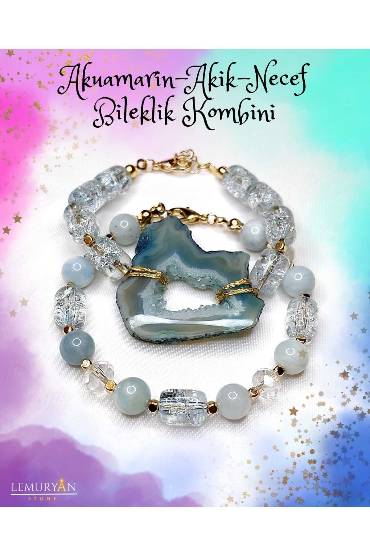 Herkimer Doğal Taş Orijinal Doğaltaş Akuamarin - AKik - Necef 2'li Bileklik Kombini