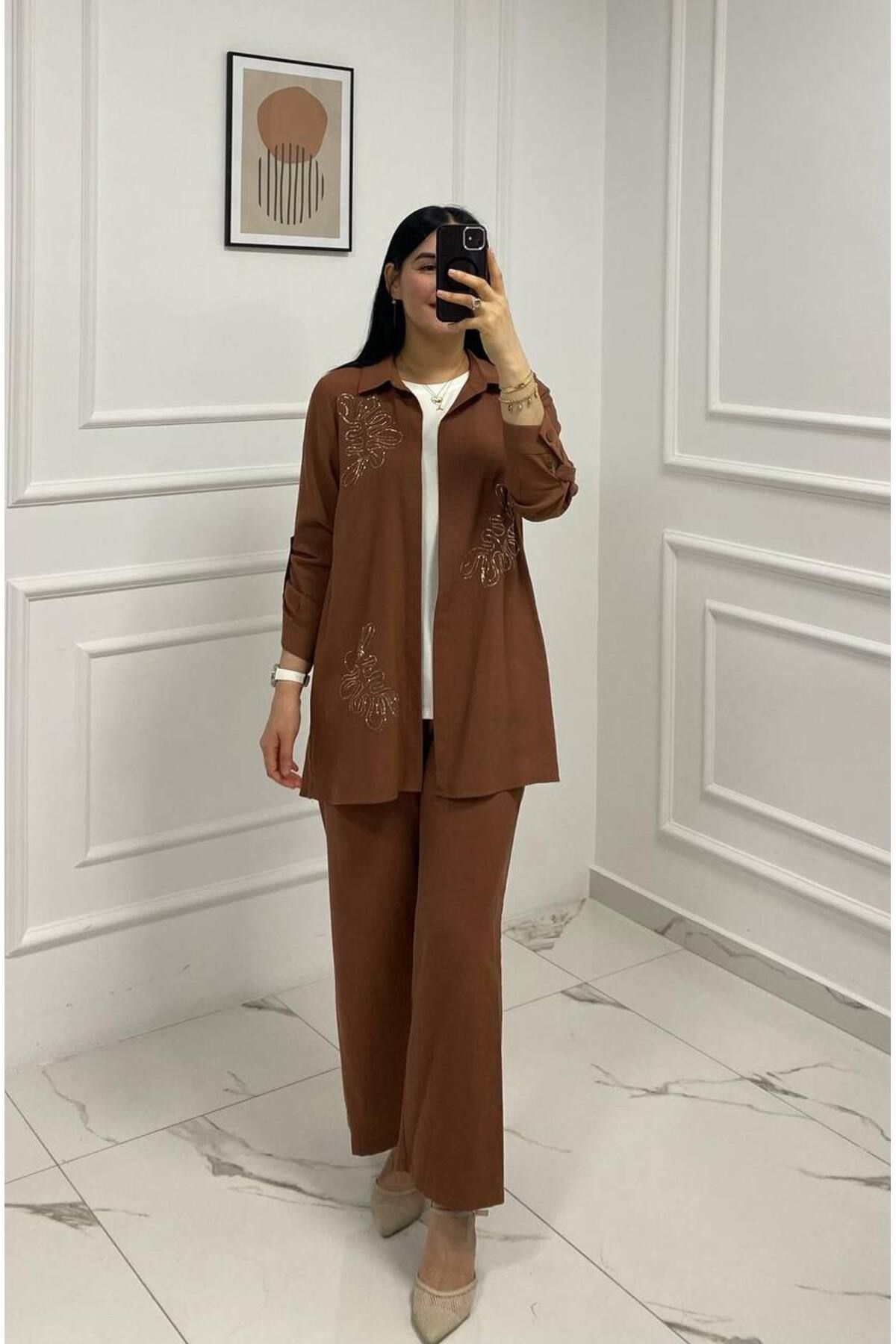 CELTMODA Kadın Payet Detay İçlikli Pantolonlu Üçlü Takım - Kahve