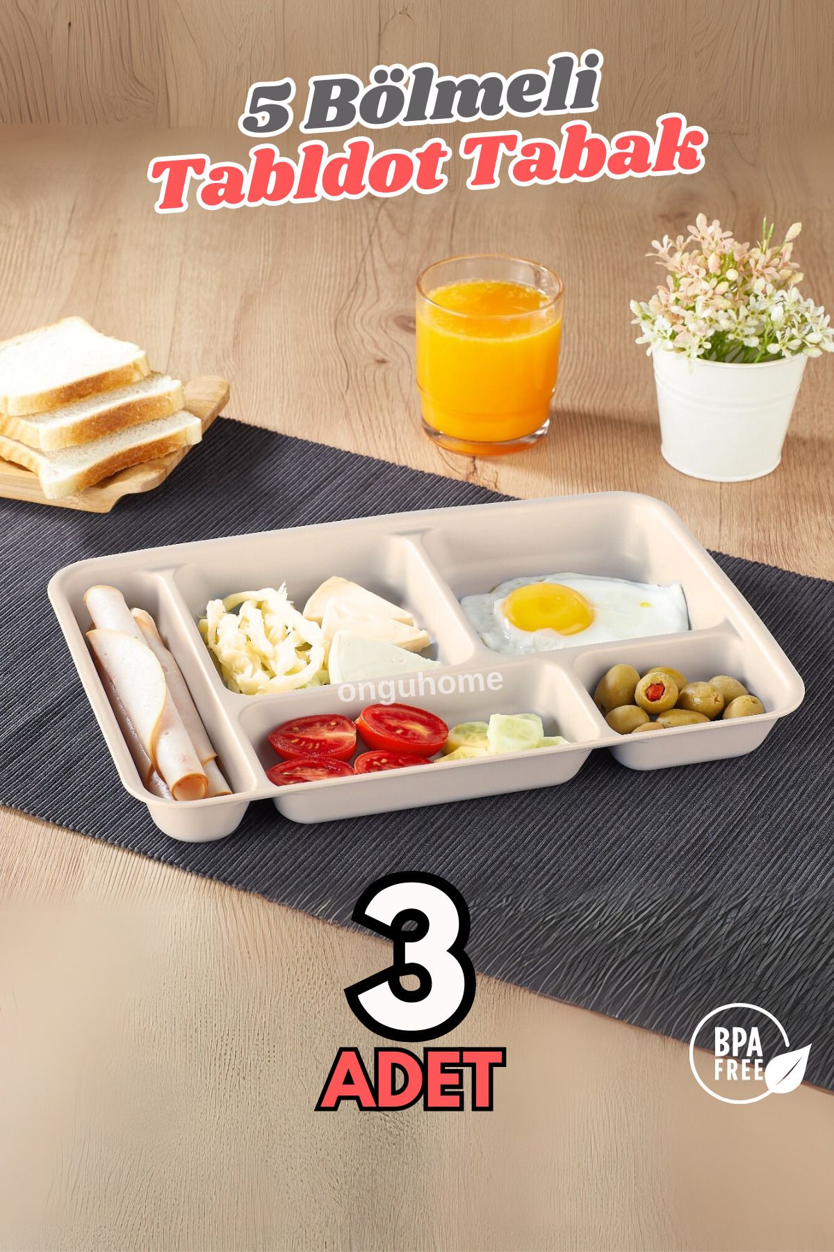 ongu home 3'lü Tabldot Tabak Yıkanabilir Mama Tabağı Yemek Tabağı Beş Bölmeli Kahvaltı Tabağı