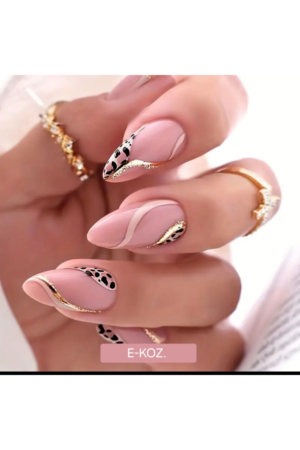 Butik Pembe Üzeri Leopar Altın Dalga Desenli 24'lü Badem Takma Tırnak Seti