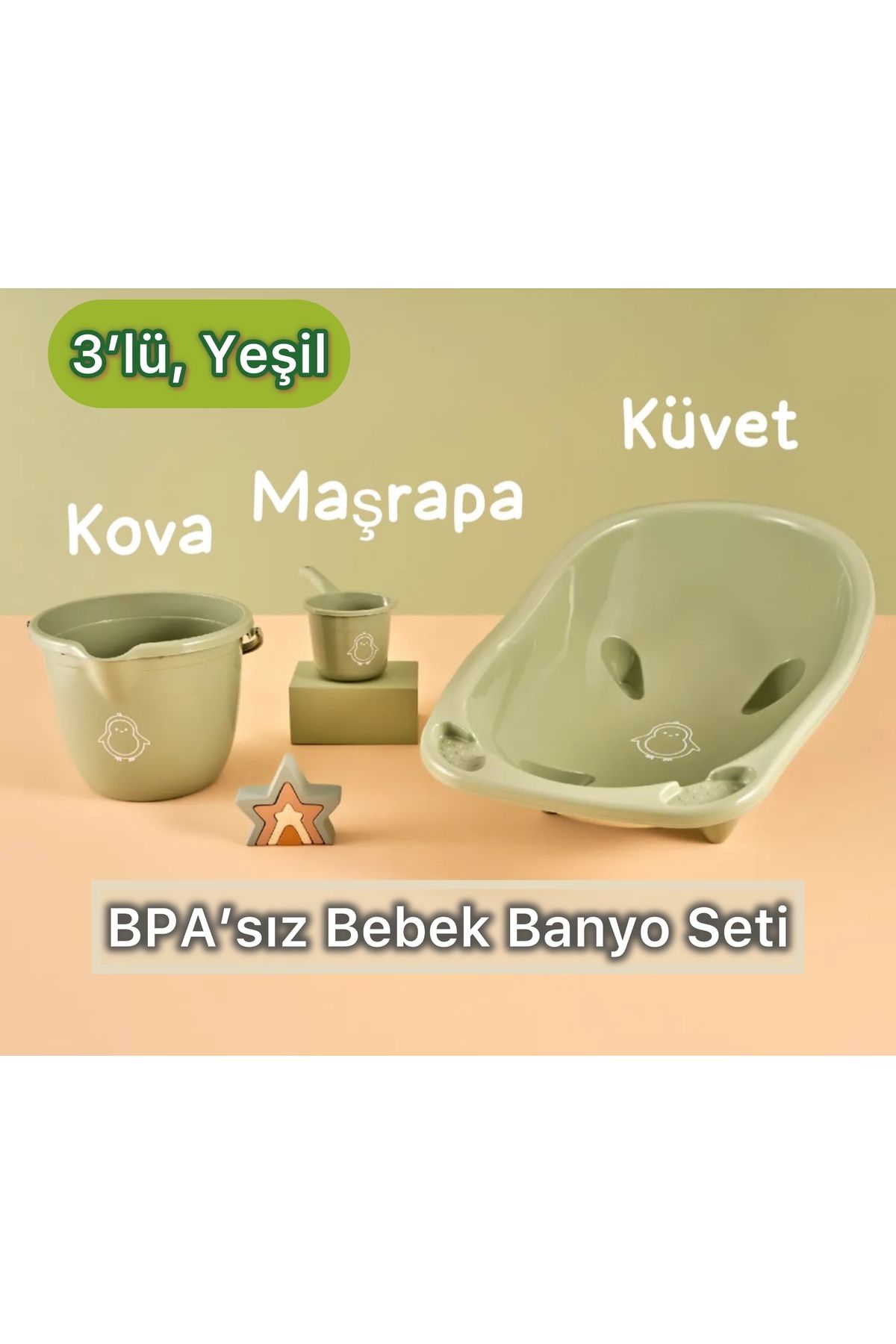 Dünya Plasik 3’lü Yenidoğan Bebek Banyo Seti - Bebek Yıkama Küveti, Kova, Maşrapa, Yeşil