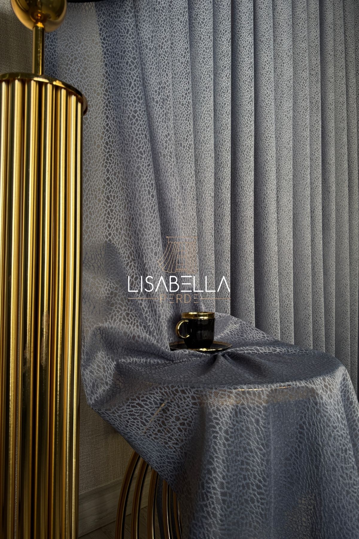 LisabellaHome Antrasit Kristal Cam Kırığı Desen Yeni Trend Luxury Tül Perde (1x2.5 Orta pile dikişli)