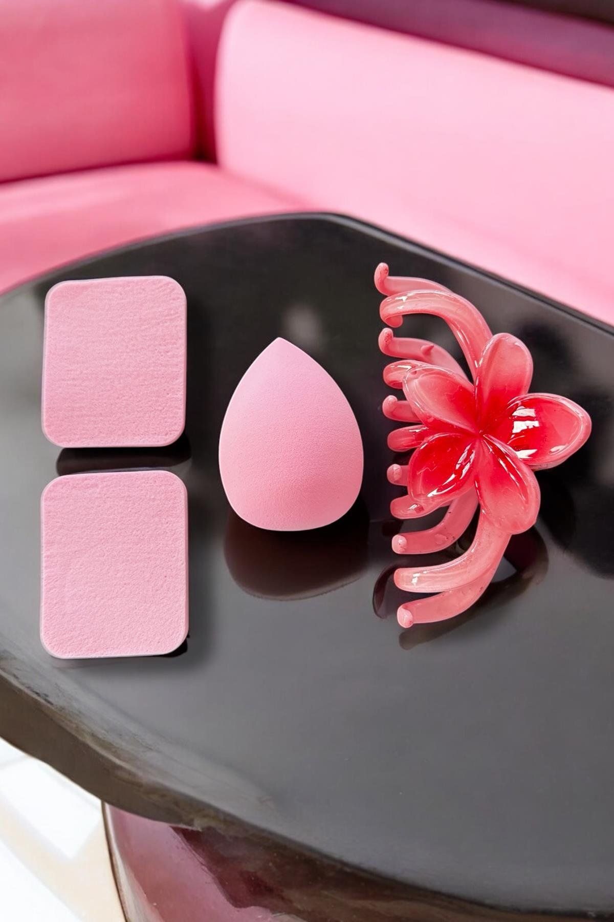 TAKIŞTIR Pembe Renk Mandal Toka/ Makyaj Süngeri/ Pudra Süngeri Set