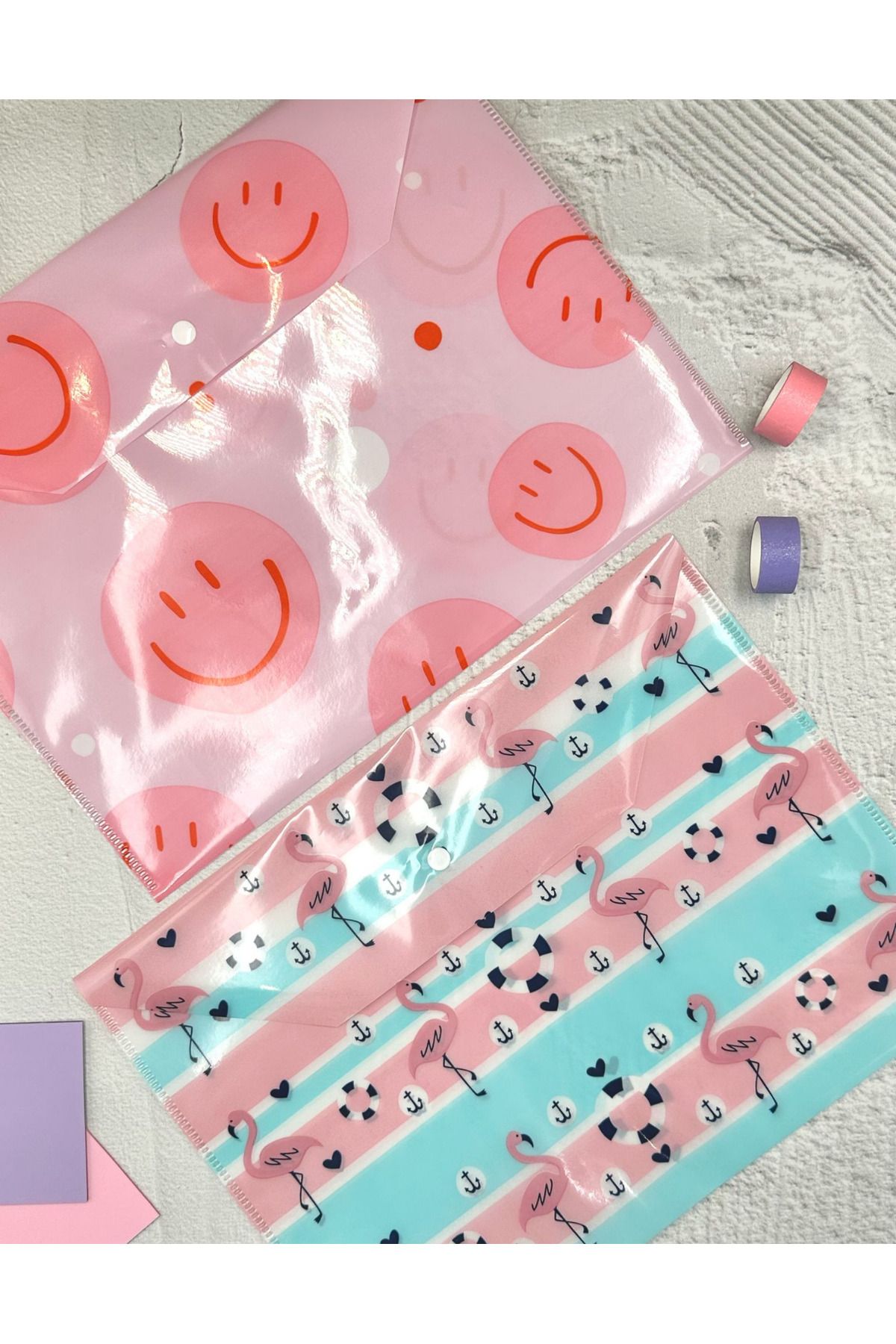 ZeCo Collection-Flamingo and Emoji Patterned A4 2-Piece File Set / Organizer Folder with Snap Fasteners 6