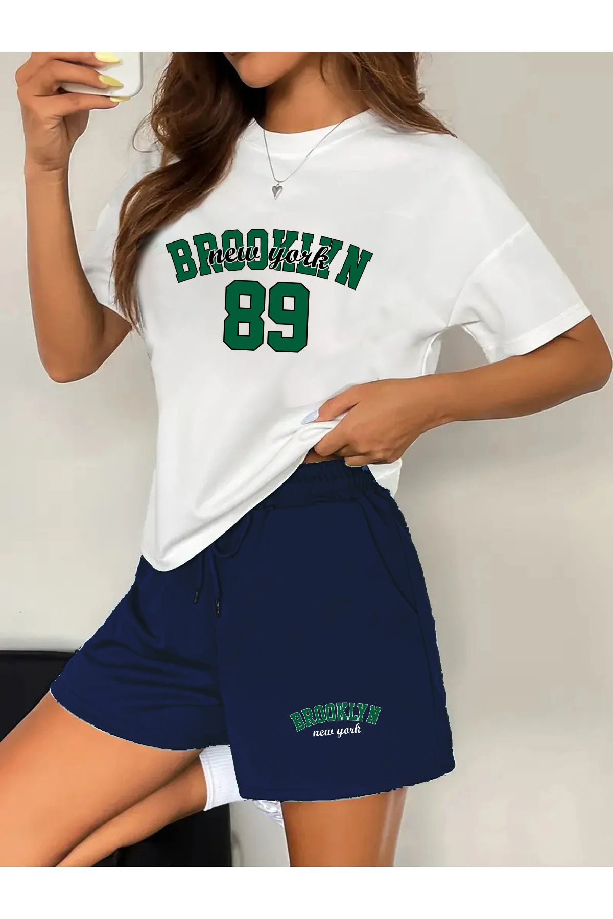 macklin Kadın Brooklyn New York 89 Baskılı Özel Tasarım Oversize Tshirt Ve Şort Alt -Üst Takım
