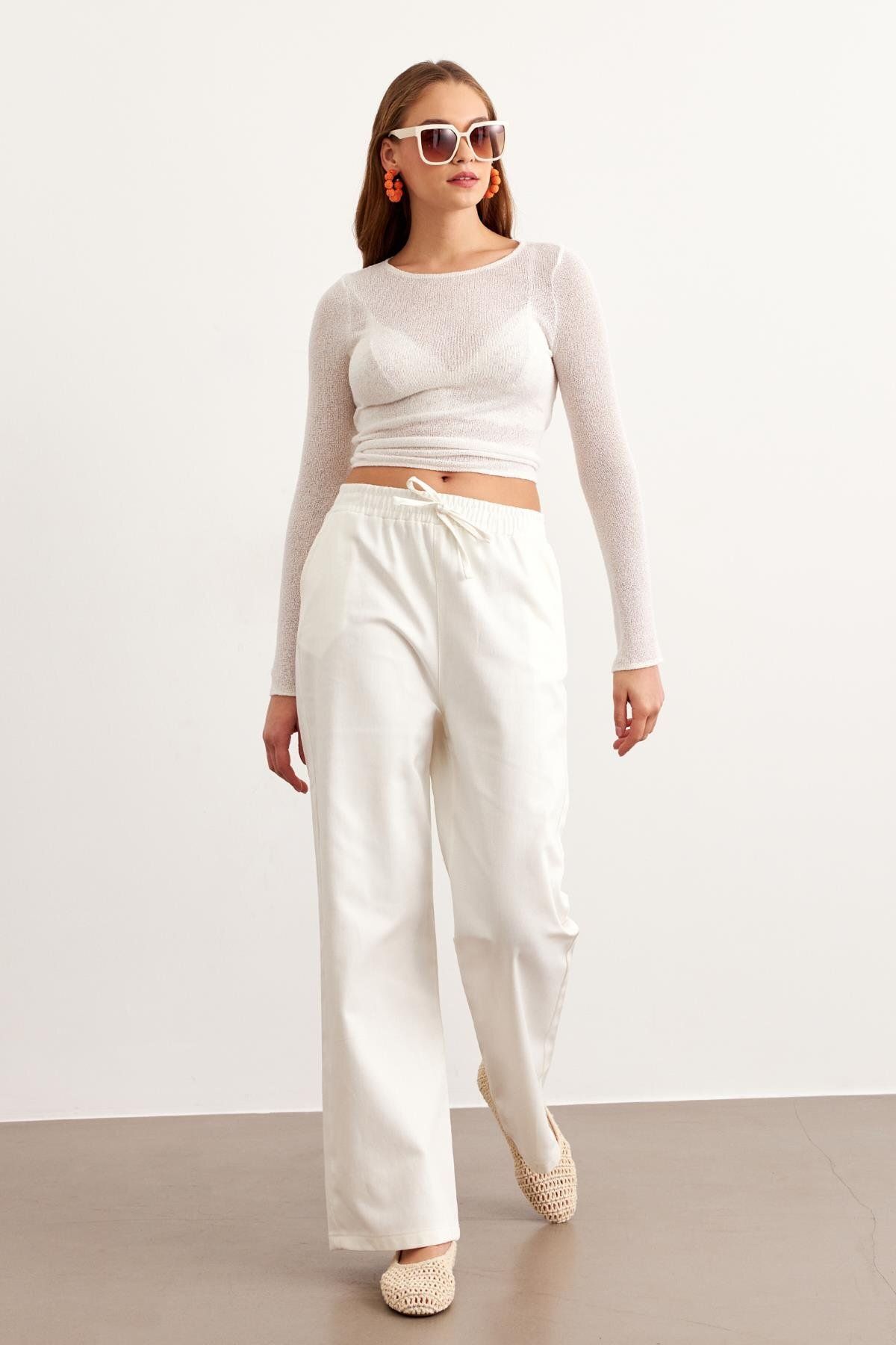 LEVURE Beli Lastikli Gabardin Pantolon EKRU