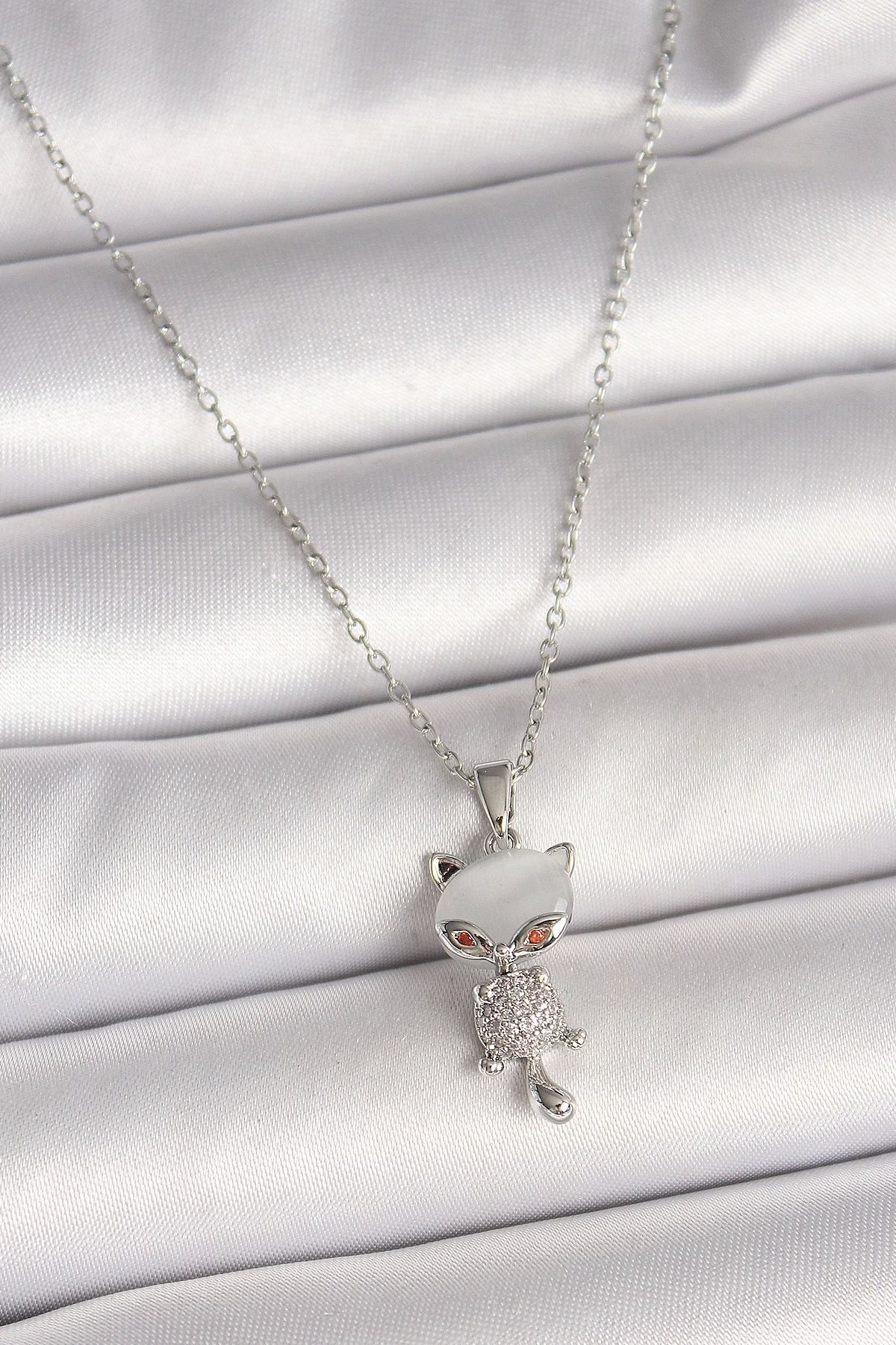 Clariss 316L Çelik Gümüş Renk Zincir Zirkon Taşlı Kedi Model Kadın Kolye