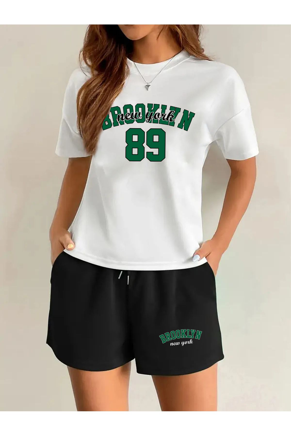 macklin Kadın Brooklyn New York 89 Baskılı Özel Tasarım Oversize Tshirt Ve Şort Alt -Üst Takım