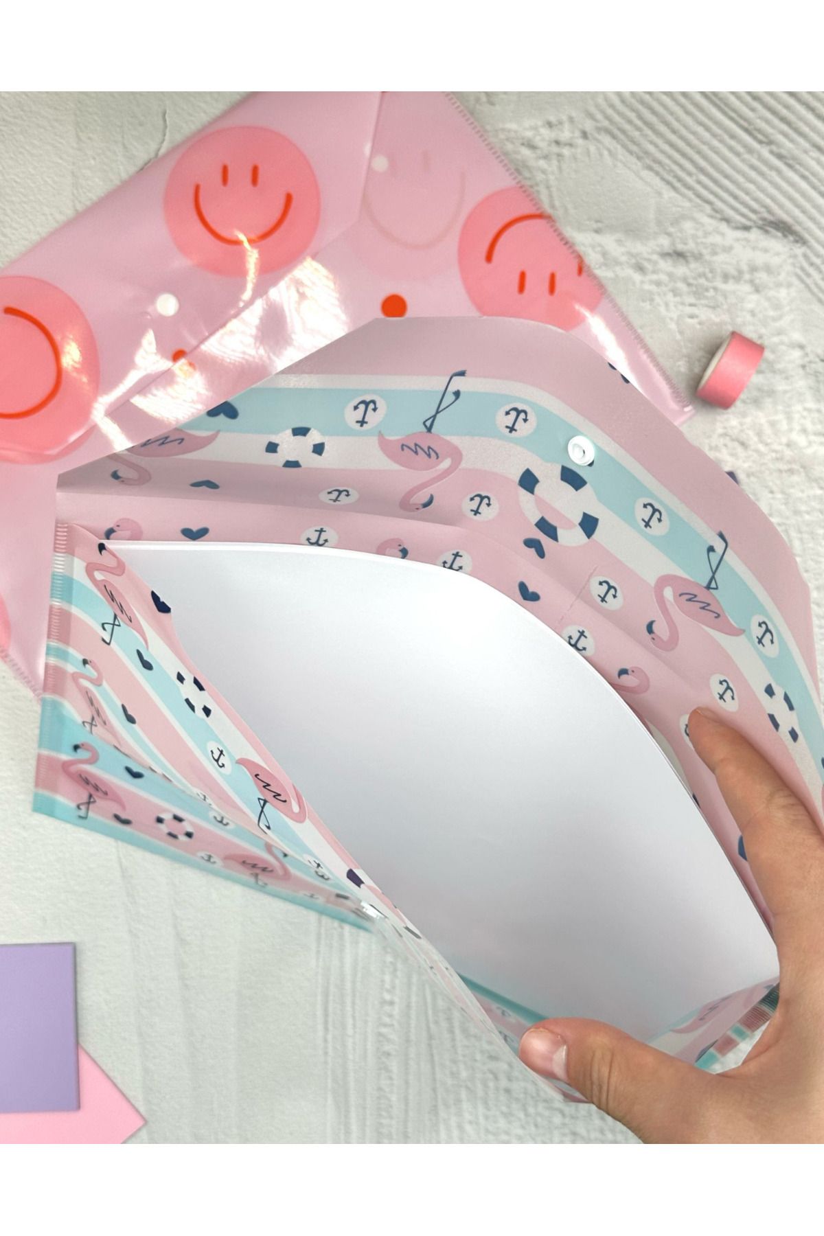 ZeCo Collection-Flamingo and Emoji Patterned A4 2-Piece File Set / Organizer Folder with Snap Fasteners 7