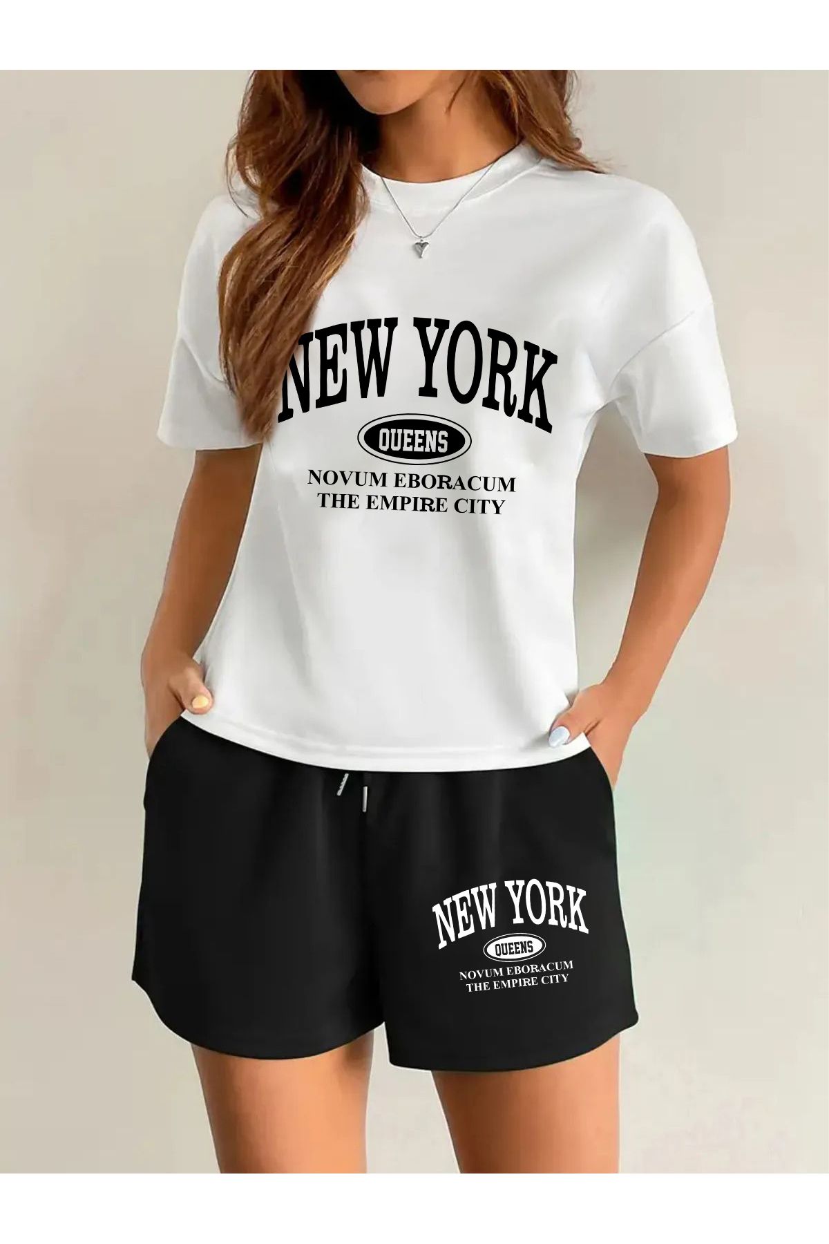 macklin Kadın New York Queens Baskılı Özel Tasarım Oversize Tshirt Ve Şort Alt -Üst Takım