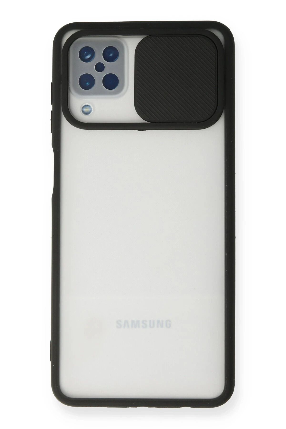 NewFace Samsung Galaxy A12 Kılıf Palm Buzlu Kamera Sürgülü Silikon - Siyah HNZRN