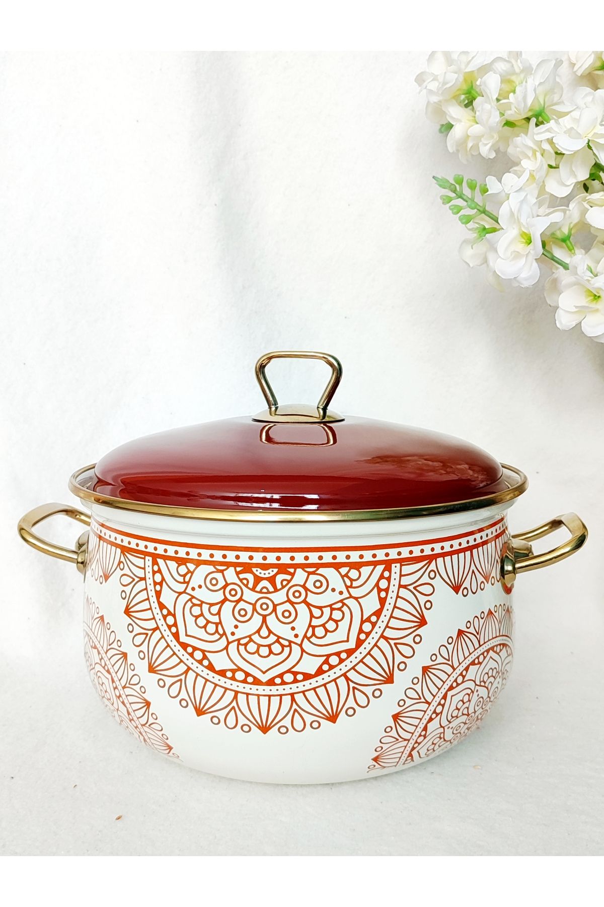 EBRULİEMAYE Kahverengi Mandala Emaye Tencere 5 litre 24 cm çap süt yoğurt güveç tenceresi