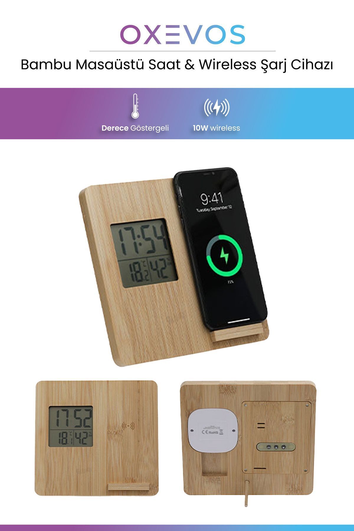 OXEVOS OMS-7310 - Bambu Masaüstü Saat & Wireless Mobil Şarj Cihazı