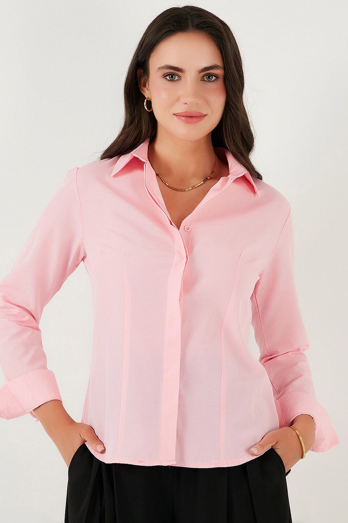 Ottawe Slim Fit Bel Oturtmalı Kalıp Düğmeli Uzun Kollu Yakalı Casual Polin Gömlek