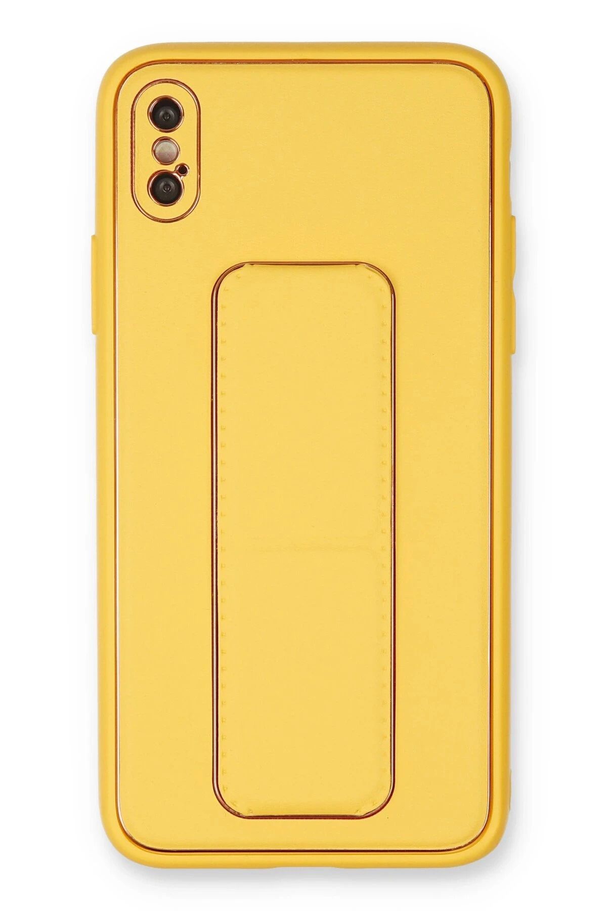 NewFace iPhone XS Max Kılıf Coco Deri Standlı Kapak - Sarı HNZRN