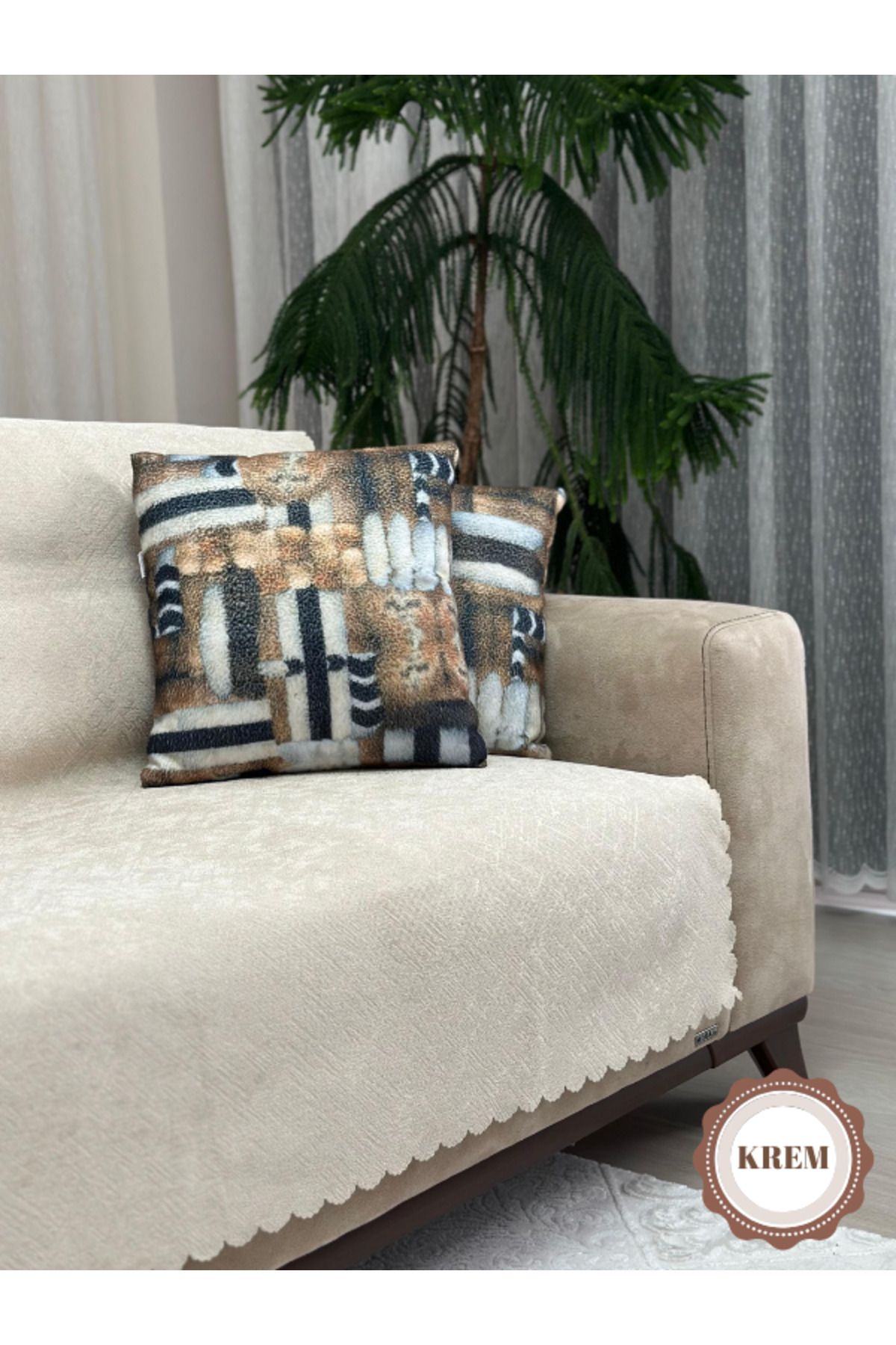 PAWN MARK COMPANY Jakarlı Şönil Kaymaz Koltuk Örtüsü ve Çekyat Örtüsü 175x215 cm | Mikrofiber Koltuk Şalı krem rengi