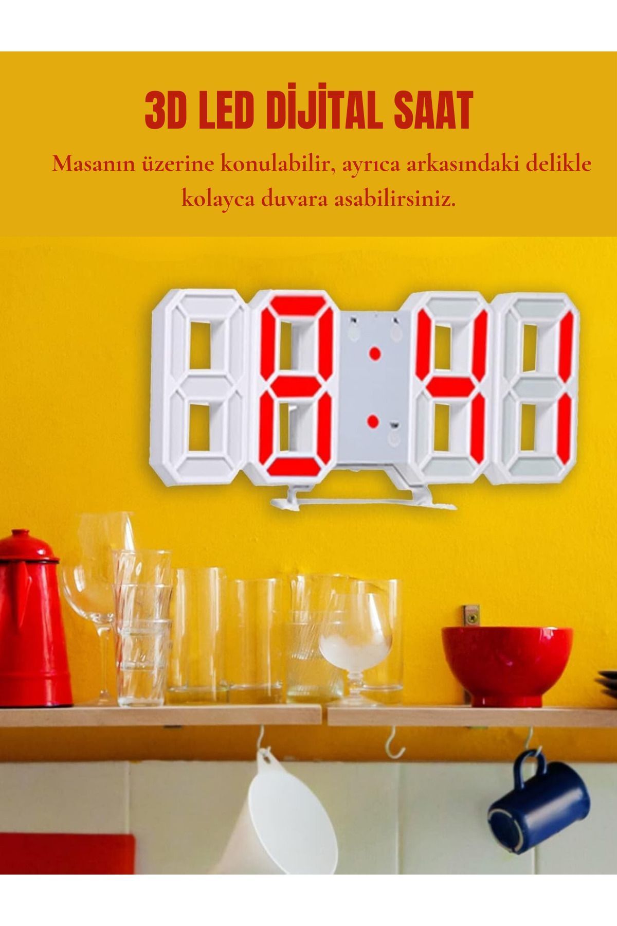 HUA Dekoratif Dijital Led Saat - Masa, Duvar Saati-Çalar Saat-Takvim-Termometre Özellikli Beyaz