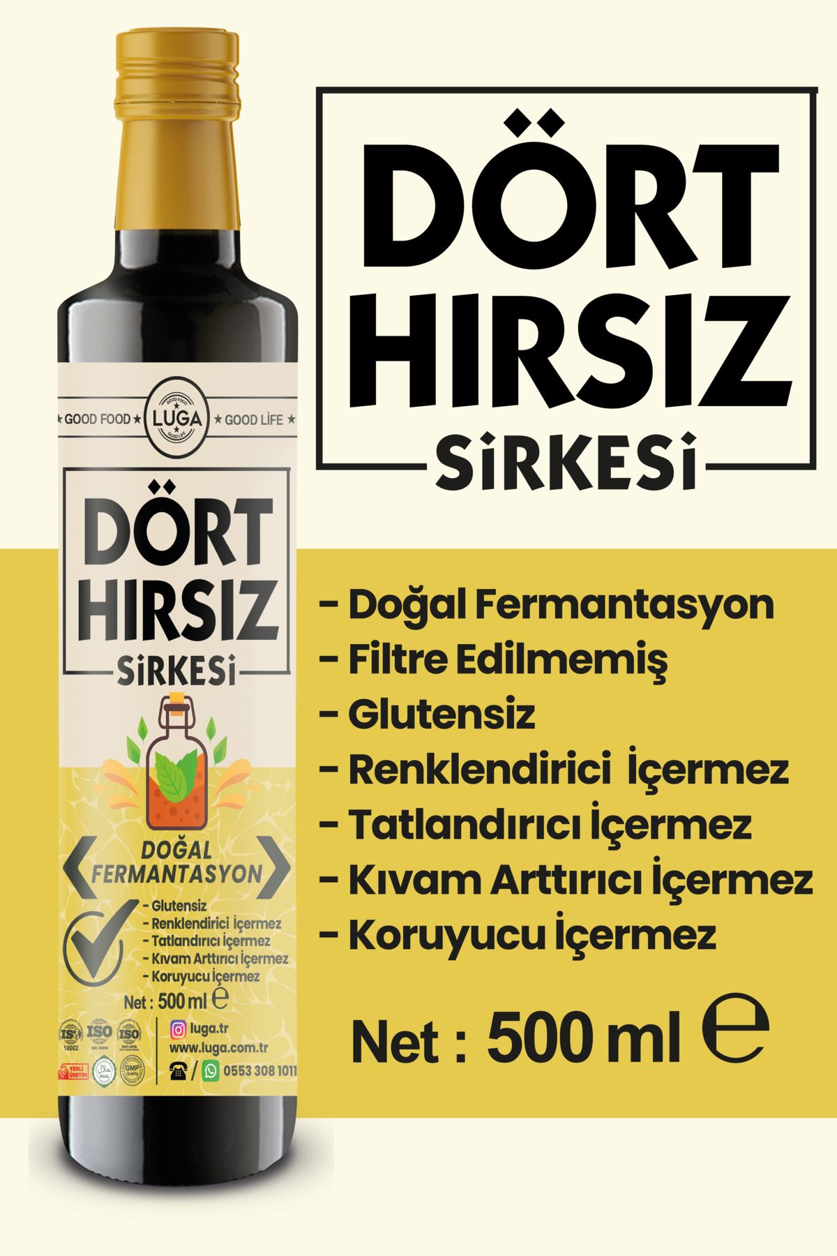 Luga Dört Hırsız Sirkesi 500 ml - Doğal Fermantasyon, Katkısız, Glutensiz, Koruyucu İçermez