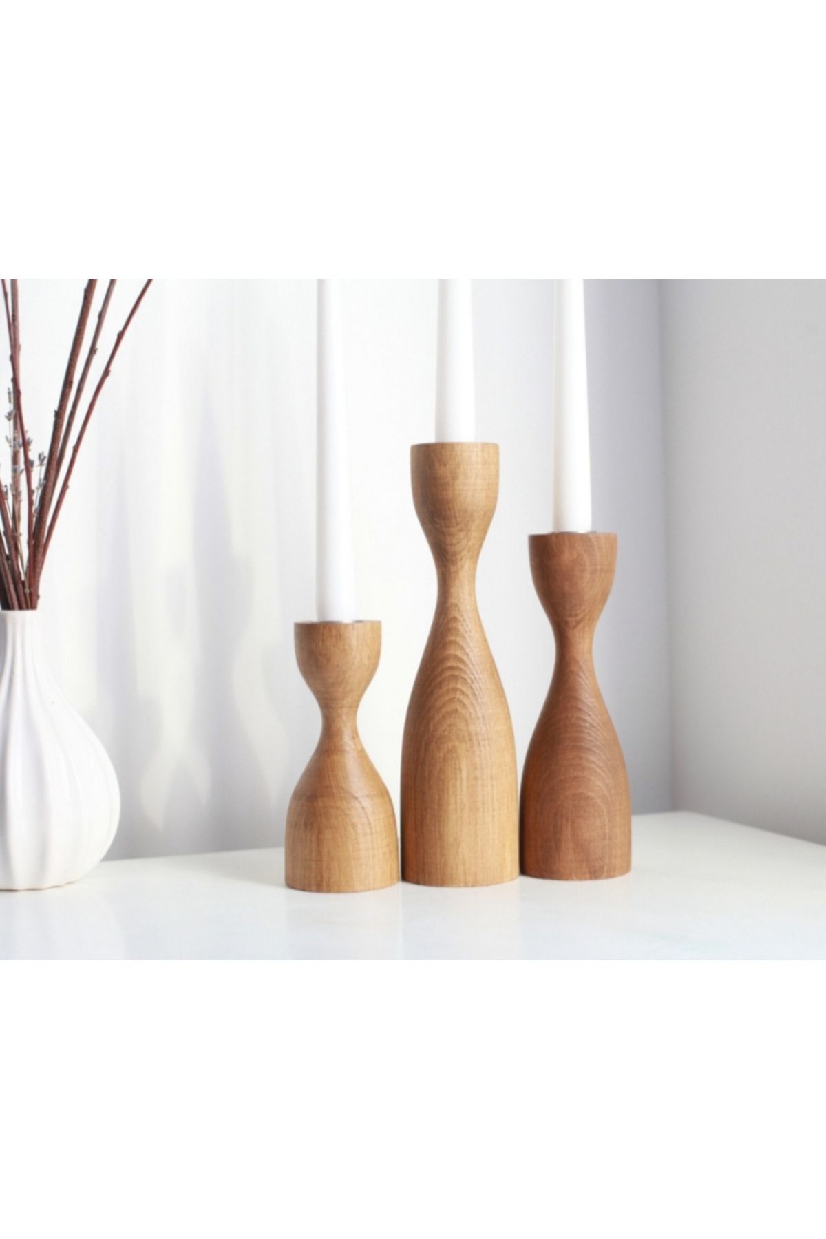 mebaconcept Doğal Ahşap Şamdan Seti 17.5cm & 15cm & 12.5 , El Yapımı, Rustik Dekoratif 3'lü Mumluk Modern