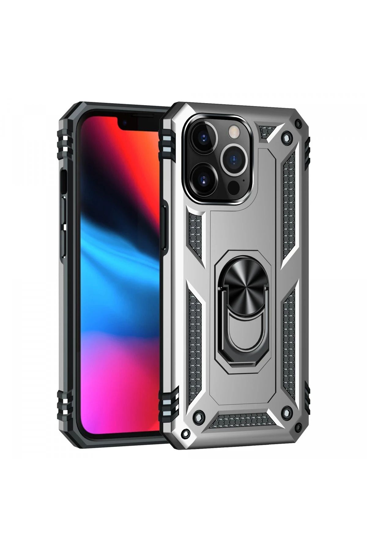 NewFace iPhone 13 Pro Max Kılıf Sofya Yüzüklü Silikon Kapak - Gümüş JOJUA