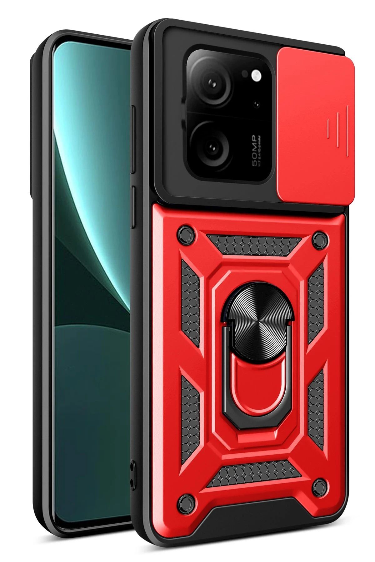NewFace Xiaomi Mi 13T Pro Kılıf Pars Lens Yüzüklü Silikon - Kırmızı NRMSA