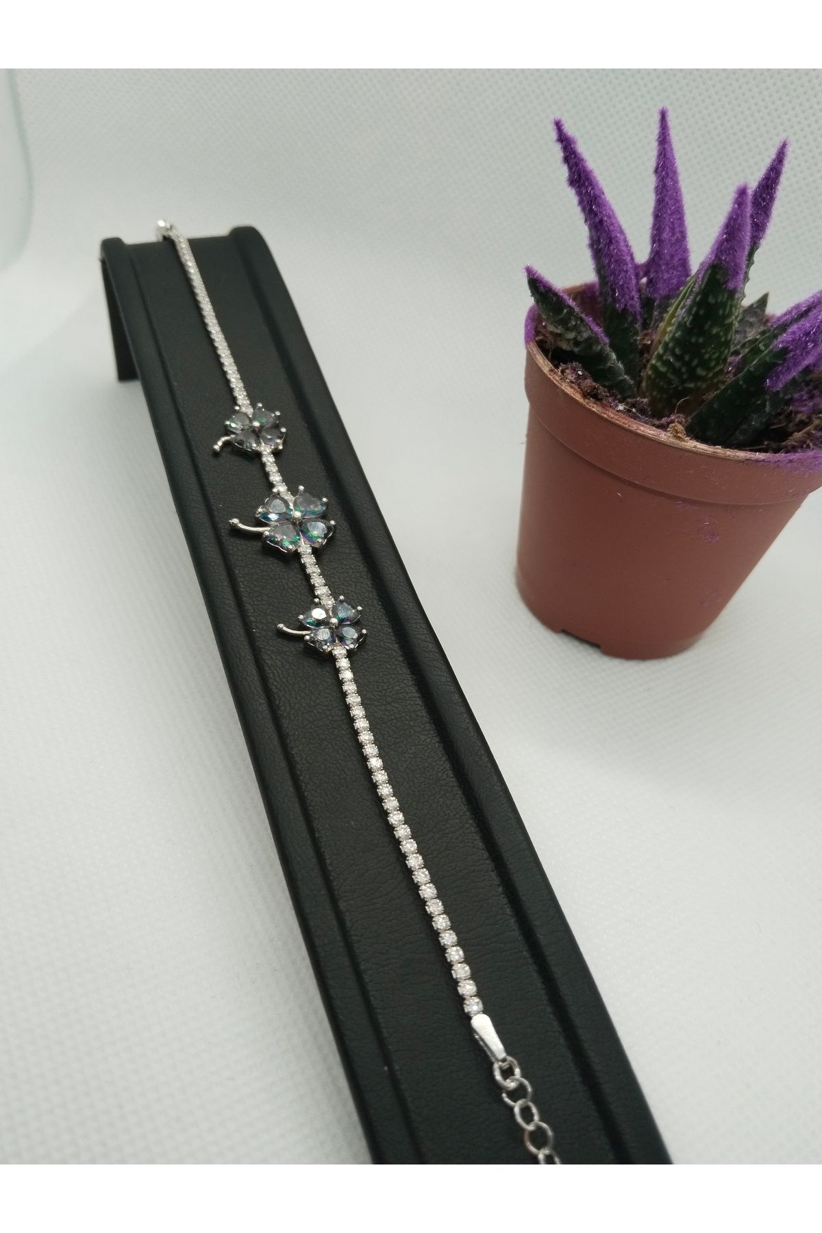 MehVa Silver 925 ayar zirkon taşlı rodyum kaplama renkli yonca su yolu bileklik