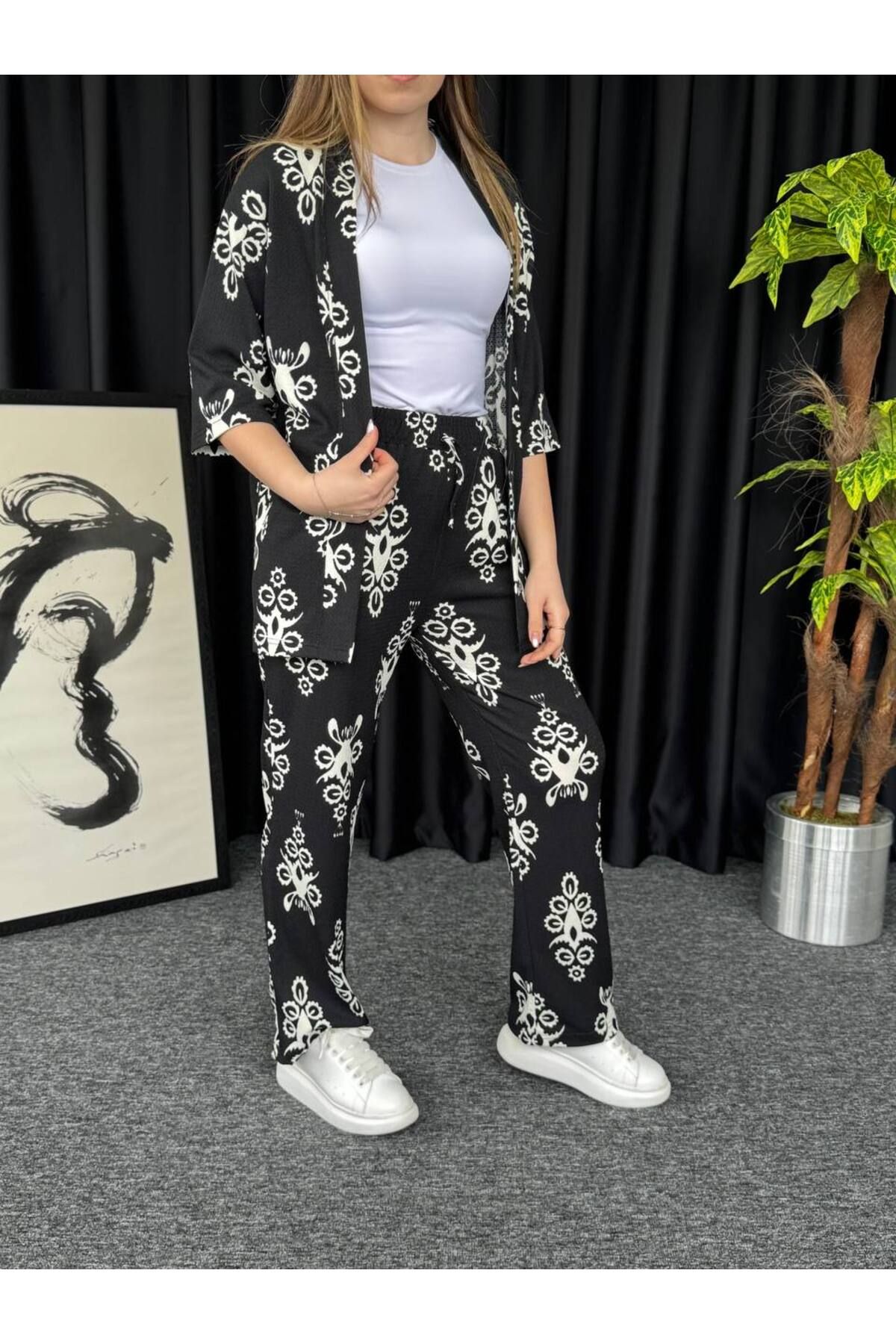 VOGUEMET ✅ Bürümcük Kumaş Desenli Kimono Takımı - Kadın, Modern ve Konforlu