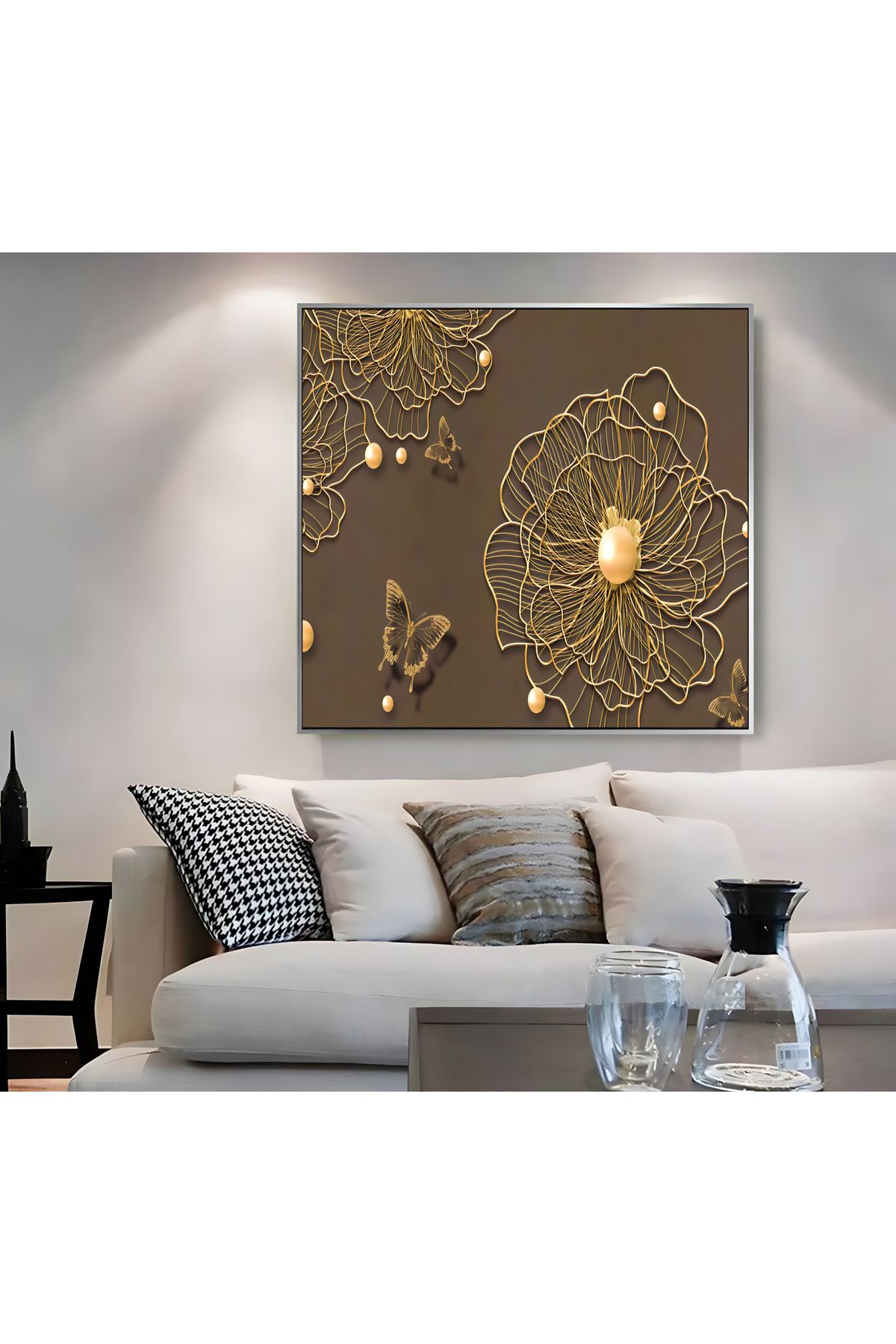 Harikabirev HARİKABİREV|METAL ÇERÇEVELİ KANVAS TABLO GOLD SOYUT ÇİÇEK DESEN |CKKARE