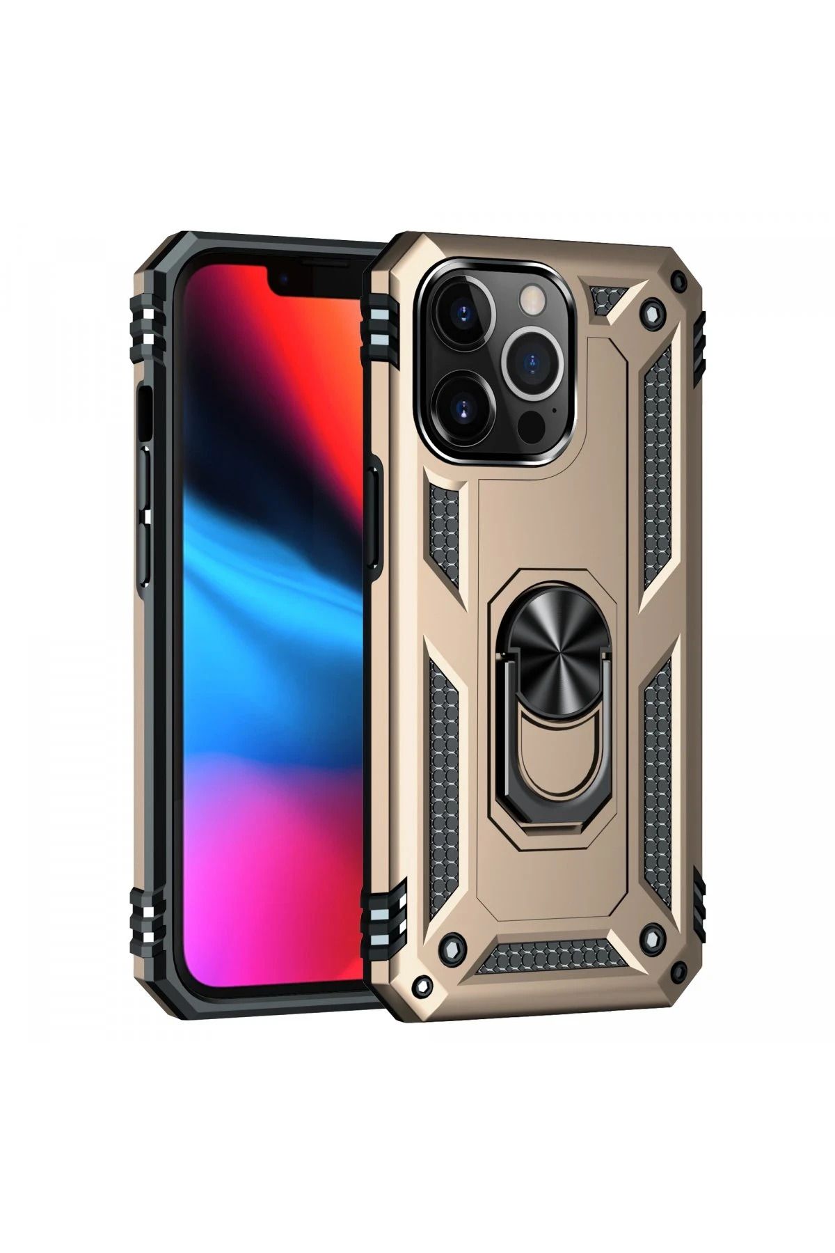 NewFace iPhone 13 Pro Max Kılıf Sofya Yüzüklü Silikon Kapak - Gold HNZRN