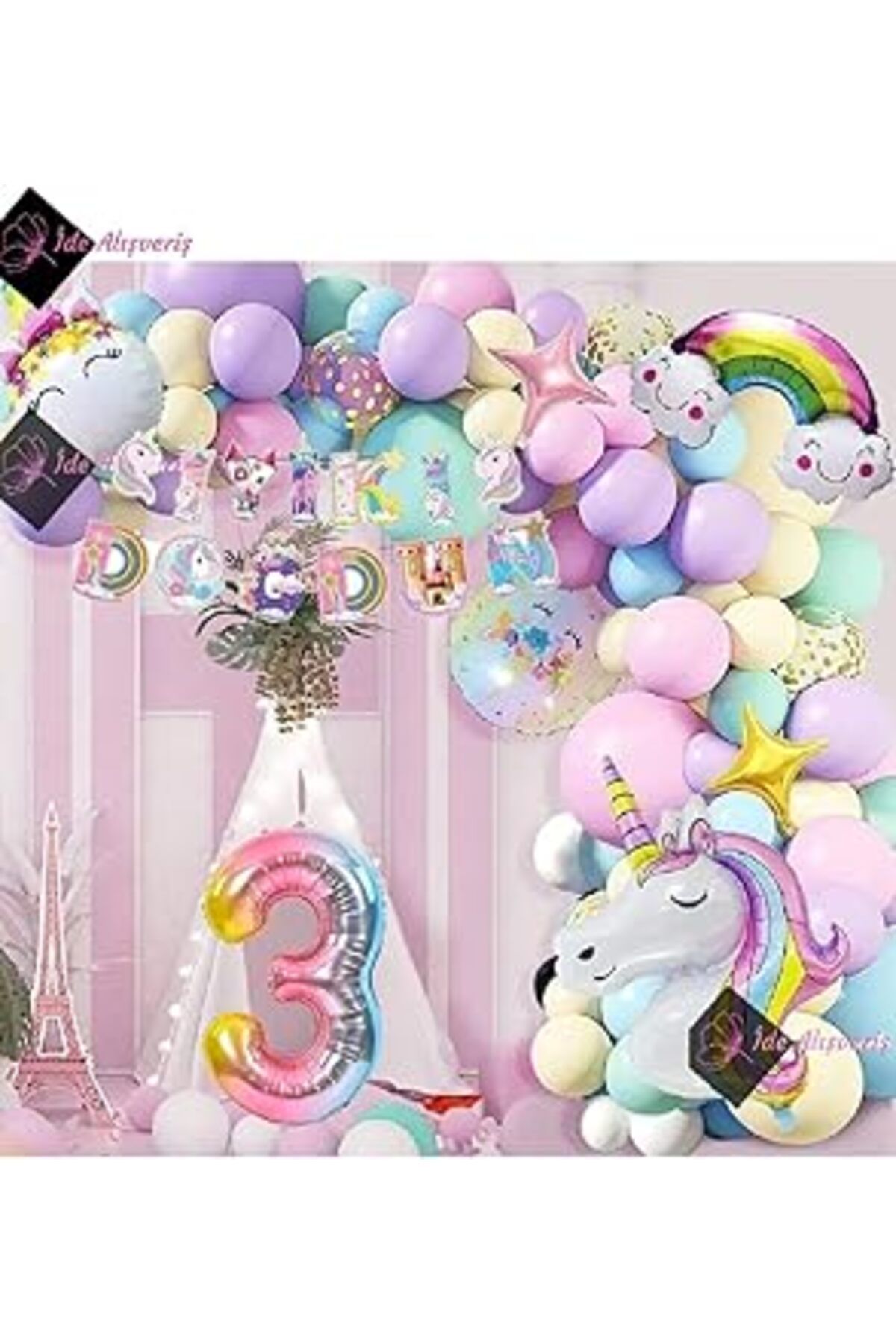 karadağsb Bkmc 3 Yaş Karakterli Unicorn Temalı Iyi Ki Doğdun Makaron Balon Doğum Günü Parti Kutlama Seti Bmcn