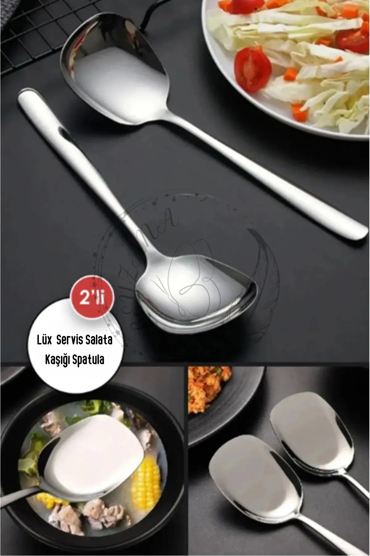 BEYZANA 2 ADET Pratik 21 Cm Paslanmaz Çelik Lüx Servis Salata Kaşığı Spatula | Çelik Yemek Servis Kaşığı