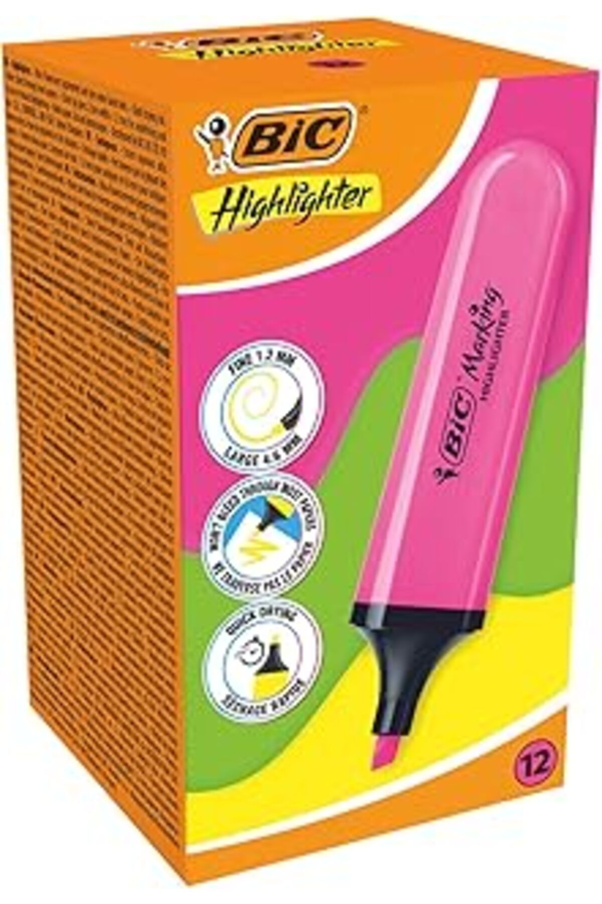 Mu Art Ahşap Marking Flat Higlighter Fosforlu Kalem 12'Li Kutu, Pembe Fosforlu Kalem, Su Bazlı, Hızlı Kuruyan Mü