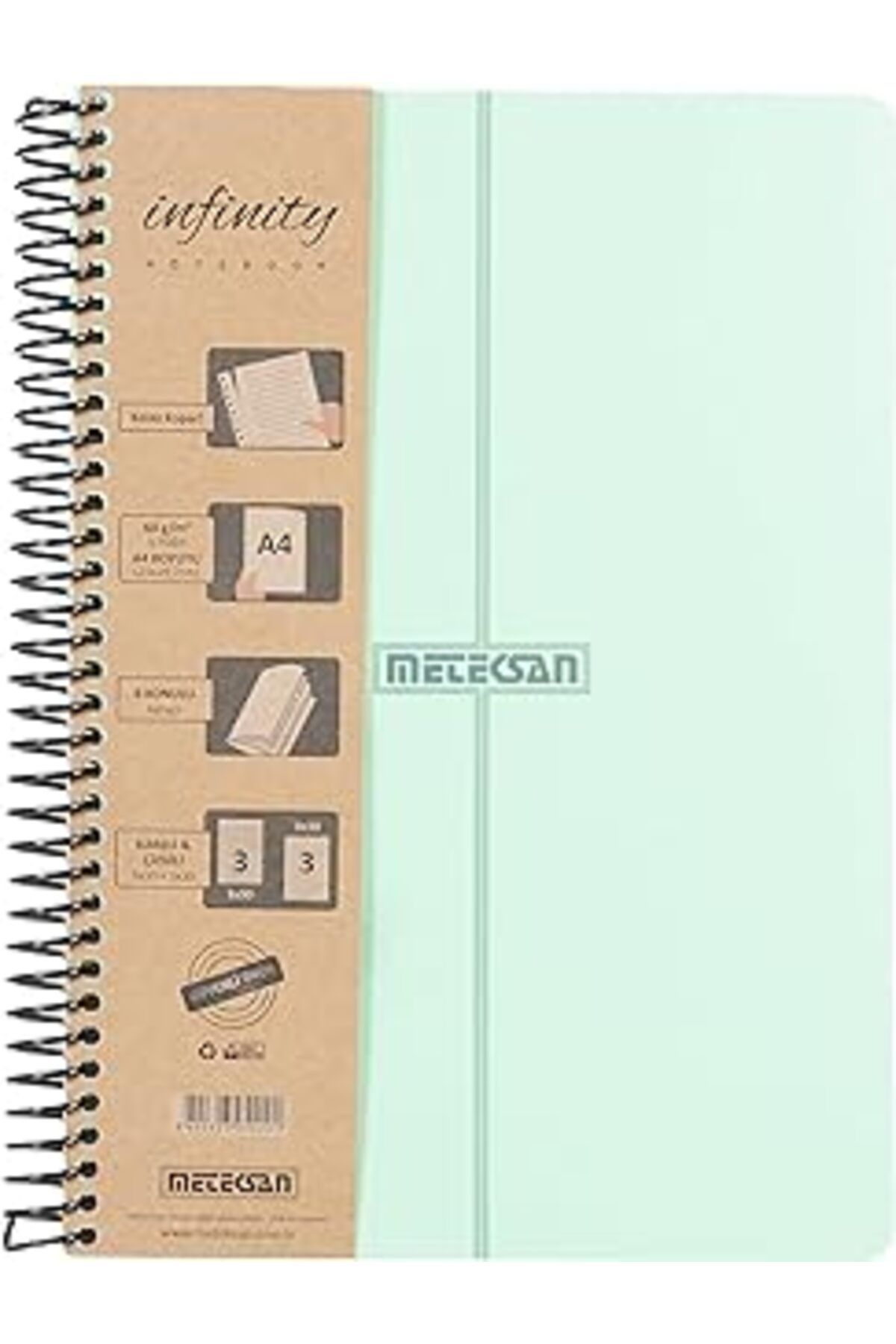 NZM TİCARET Meteksan Infinity Pastel Serisi, A4, 6 Konulu (3 Kareli, 3 Çizgili) 180 Yaprak Pp Kapaklı Spiralli